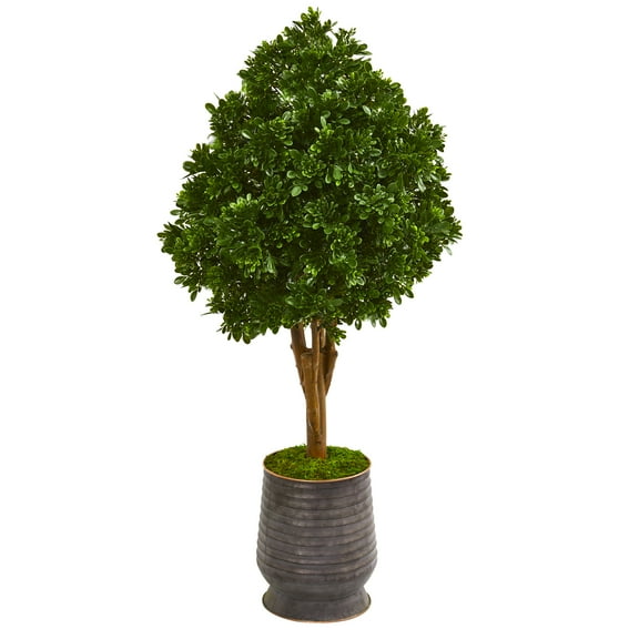 Nearly Natural 49in. Tea Leaf Artificial Tree in Metal Planter UV Resistant (Indoor/Outdoor), Green