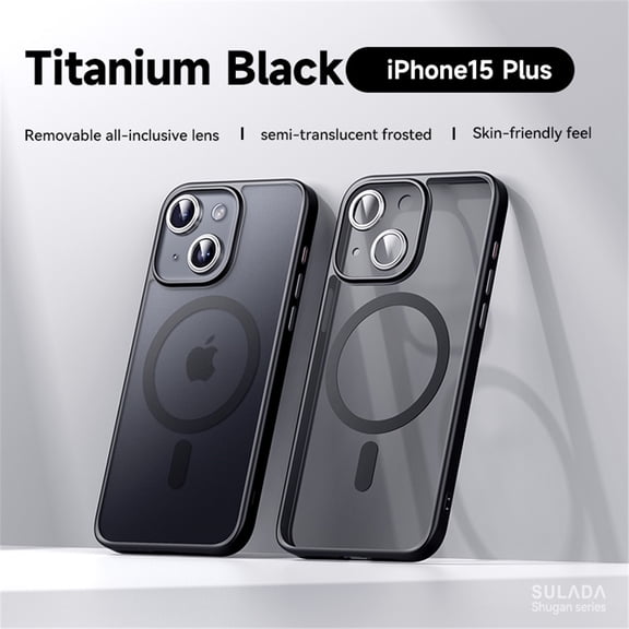 Allytech Magnetic Semi-Transparent Case for iPhone 15 Plus, [Detachable Camera Lens Protector & Compatible with MagSafe], Slim Shockproof Semi-Clear Matte Cover for iPhone 15 Plus 6.7 inch, Black