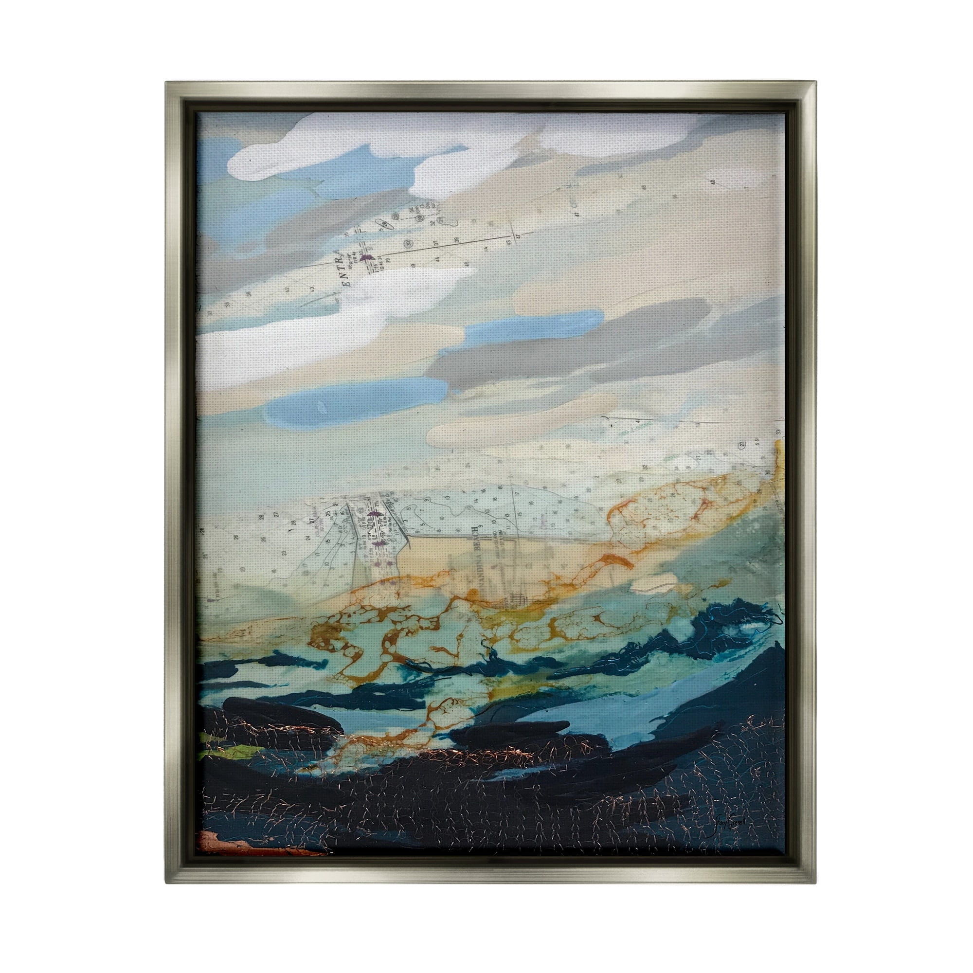 Stupell Industries Nautical Landscape Abstract Ocean Layered Map Collage Painting Luster Gray Floating Framed Canvas Print Wall Art, Design by Stacy Gresell