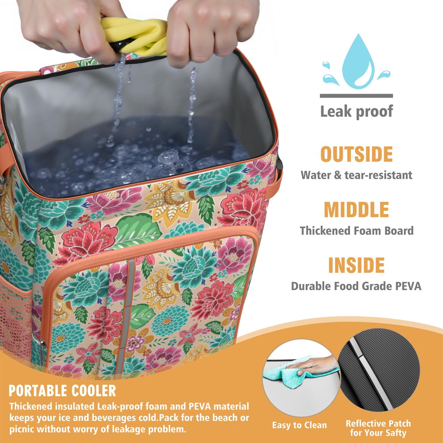 Travel Cooler Bag - Pioneer Flower Floral Print Pattern Camping Beer Cooler Backpack with Bottle Opener- Waterproof Insulated Picnic Backpacks - Cooler Bag for Beach