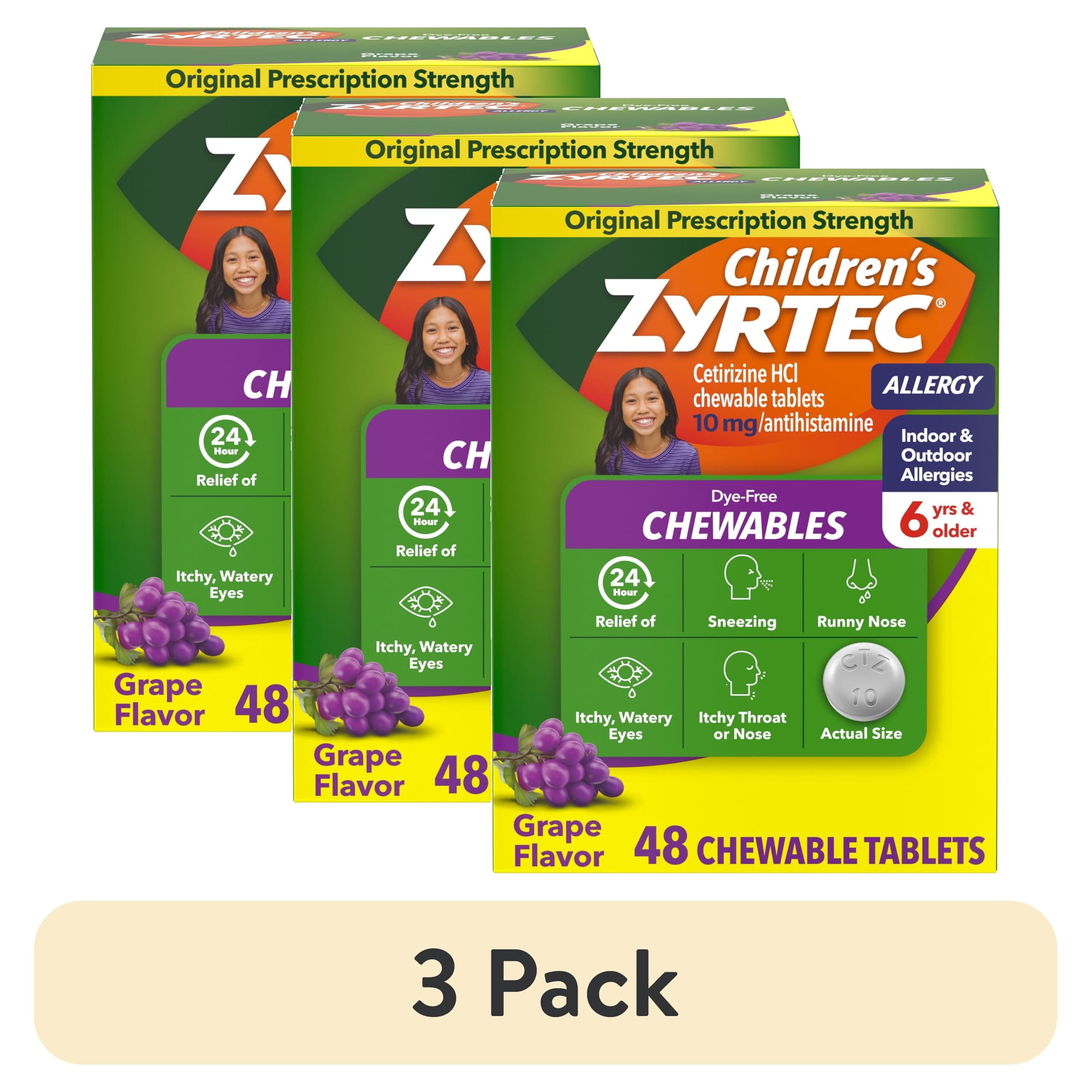 (3 pack) Children's Zyrtec 24 Hr 10 mg Allergy Chews for Ages 6+, Grape, 48 Count