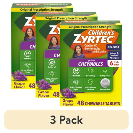 (3 pack) Children's Zyrtec 24 Hr 10 mg Allergy Chews for Ages 6+, Grape, 48 Count