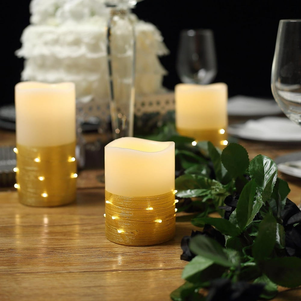 Efavormart Set of 3 Gold Flameless Candles With LED String Light and