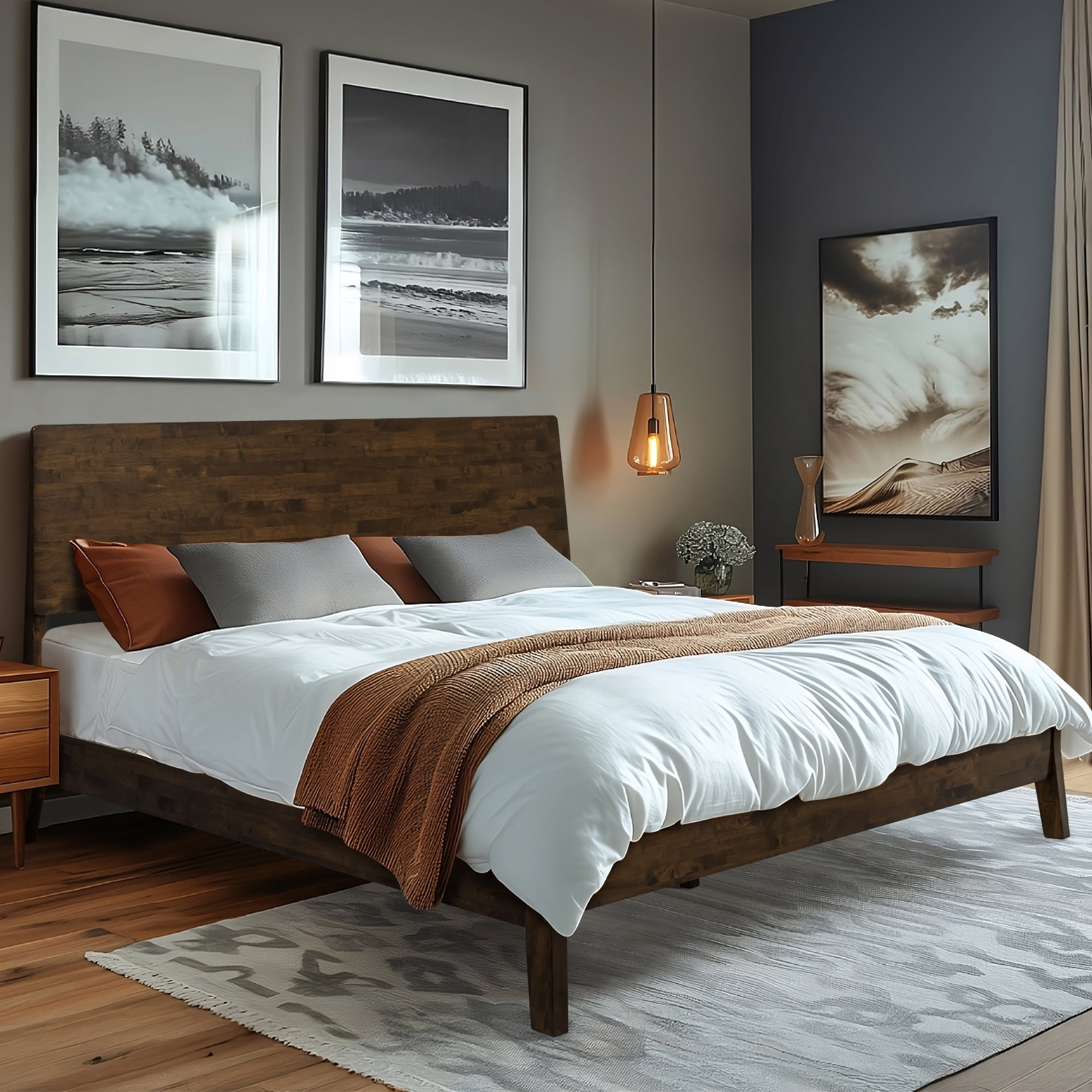 Acacia Serenity King Size Bed Frame, King Bed Frame with Headboard 800 lbs Capacity Natural Wood Bed All Mattress Support & No Box Spring Needed, Wood Slats Support Wood Bed Frame King, Walnut