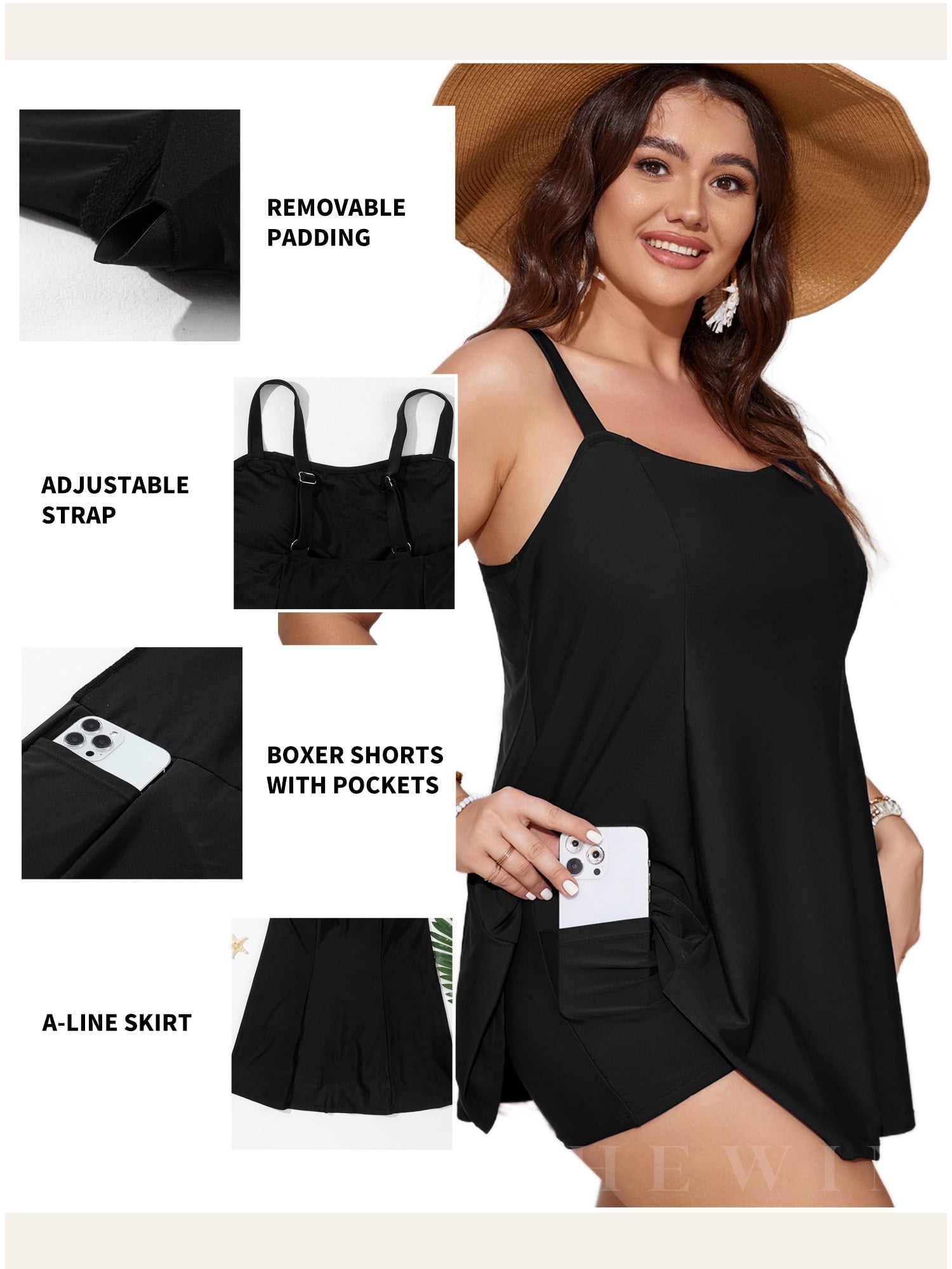 SHEWIN Woman Plus Bathing Suit One Piece Swim Dresses for Woman Tummy Control Swimm Suits with Pockets Black 3X