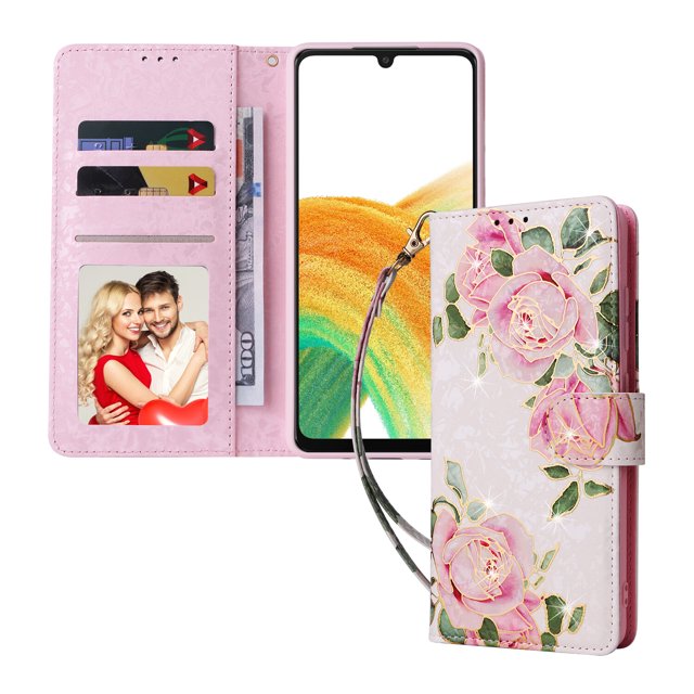 Compatible with Samsung Galaxy A33 5G Case Retro Gilded Flower PU Leather RFID Blocking Wallet Cover
