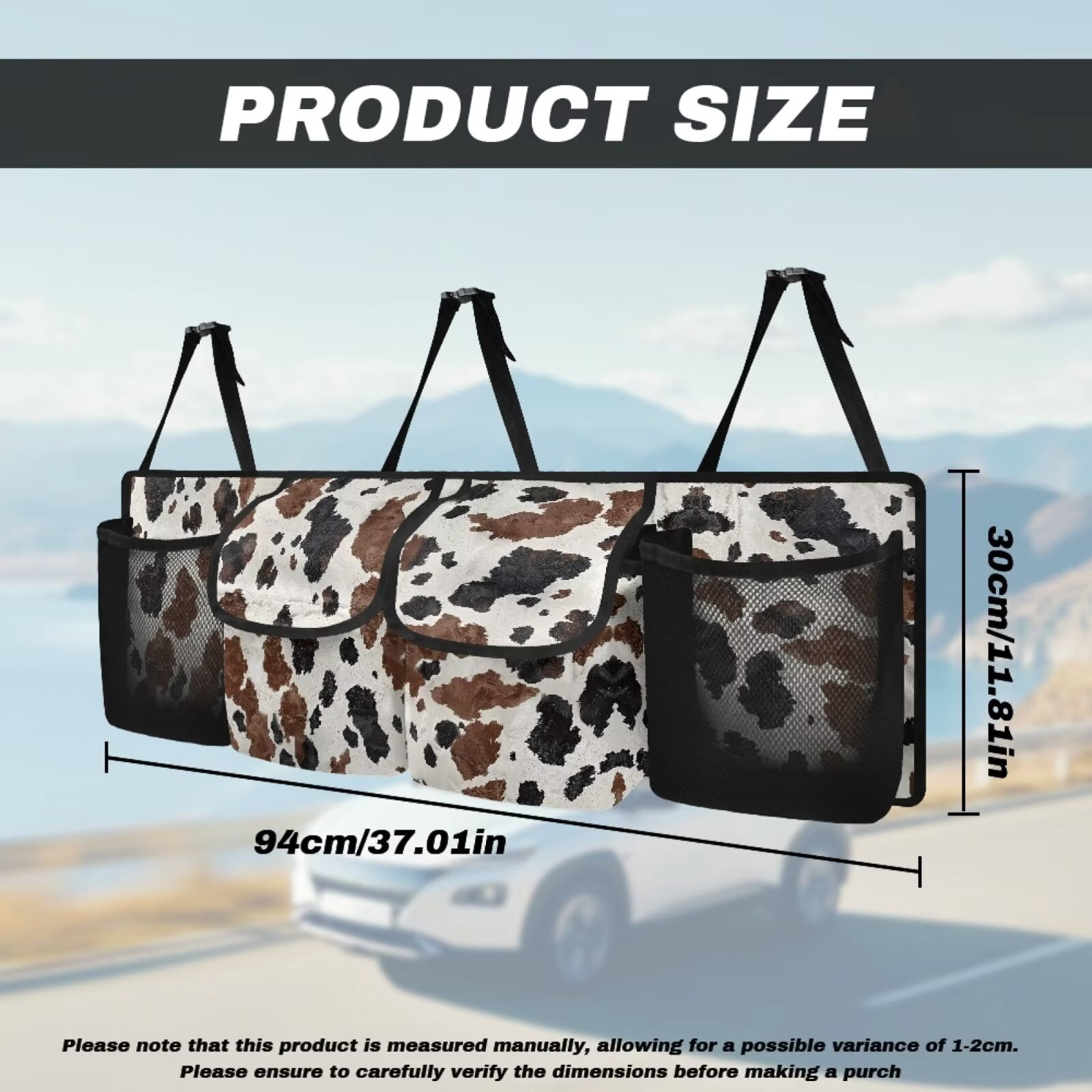 KUIFORTI Car Trunk Organizer with 4 Pockets, Oxford Cloth Cow Print Vehicle Hanging Backseat Cargo Storage Bag, Detachable Auto Seat Back Organizing Bag, Universal for SUV, Truck, RV, Brown