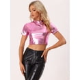 thumbnail image 4 of Disfraz de navidad Top corto metalizado de manga corta con cuello alto para mujer Rosa S, 4 of 6