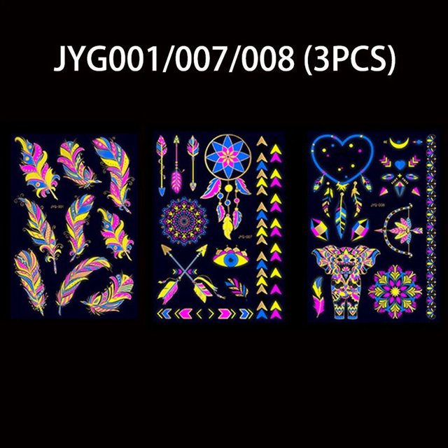 Pegatinas de tatuajes temporales luminosas, calcomanías fluorescentes UV, tatuaje de toro/elefante/pluma para brazo, arte corporal, Club nocturno, fiesta