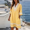 thumbnail image 2 of ZHOGXU Women's Dresses Summer Short Sleeve V Neck Striped Print Comfortable Breathable Loose Fit Dress With Pockets For Everyday Wear,Yellow,S, 2 of 4