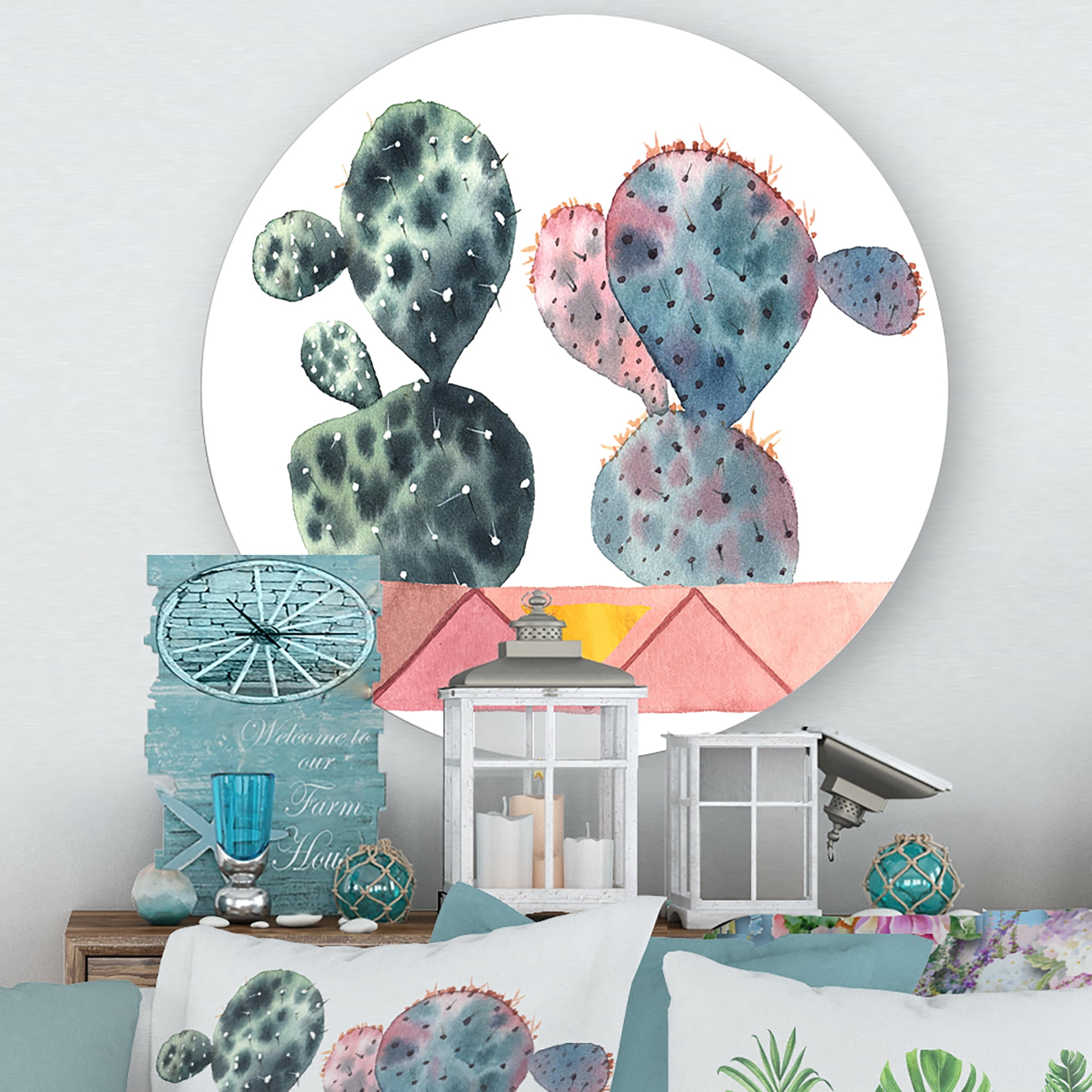 Designart 'Cactus Duo In Pink Pots Geometric' Modern Circle Metal Wall Art 11x11 - Disc of 11