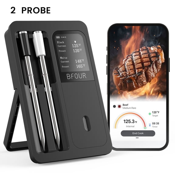 BFOUR Wireless Meat Thermometer with 2 Probes - Bluetooth Smart BBQ Food Thermometer with 500ft Range & App - Rechargeable Digital Cooking Thermometer for Grilling, Smoking, Oven