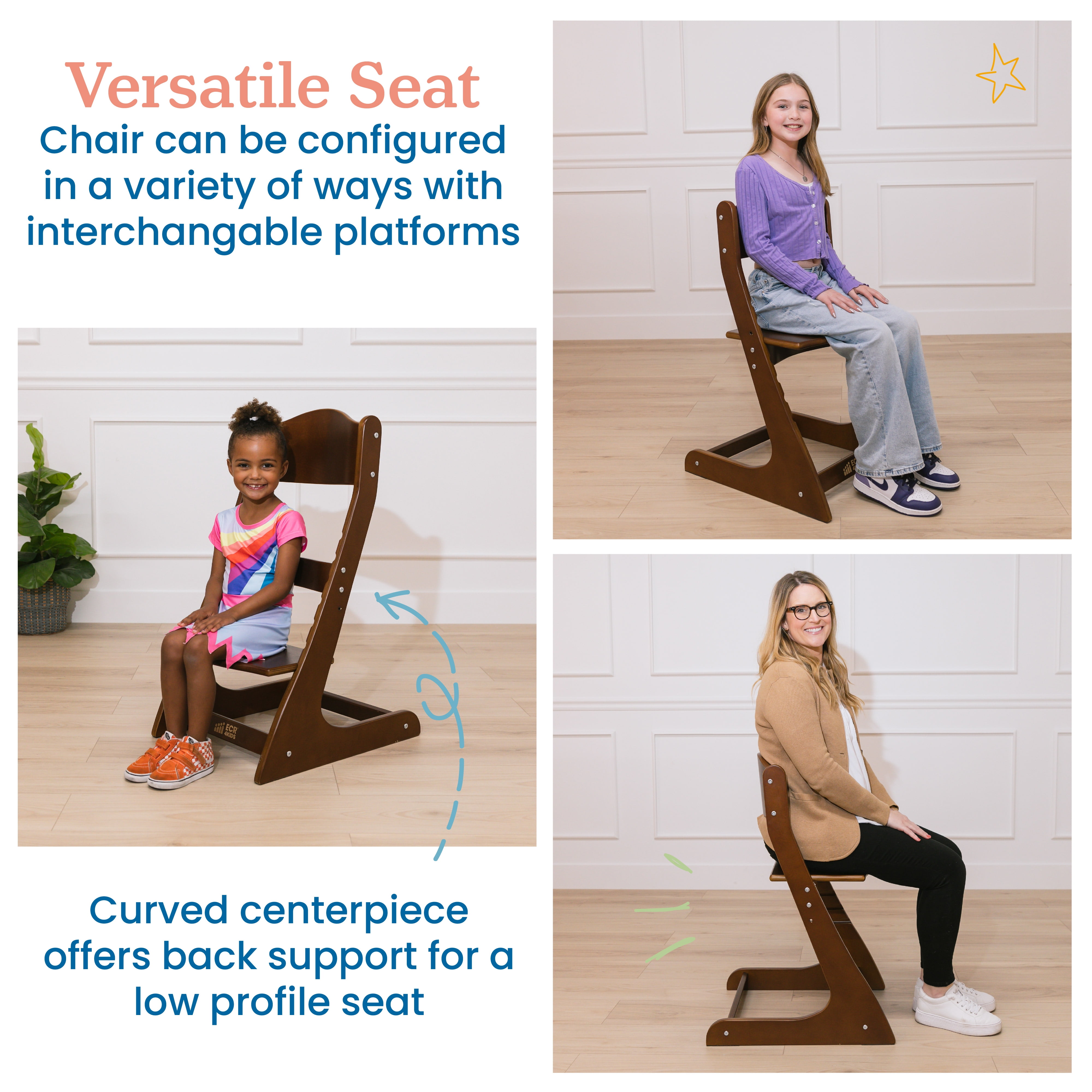ECR4Kids Wooden Adjustable Grows with Me Transitional Chair, Montessori Furniture, Dark Walnut