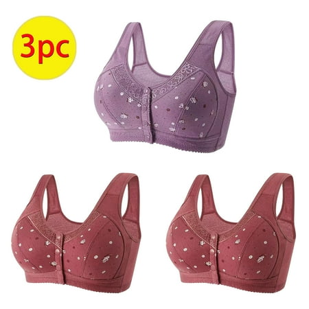 TrendVibe365 Front Closure Bras Womens Multipack Daisy Floral Wireless Push up Bralettes Padded Snap Front Close Wide Strap Bustier Full Coverage Crop Tank Top Comfy Lingerie Purple M