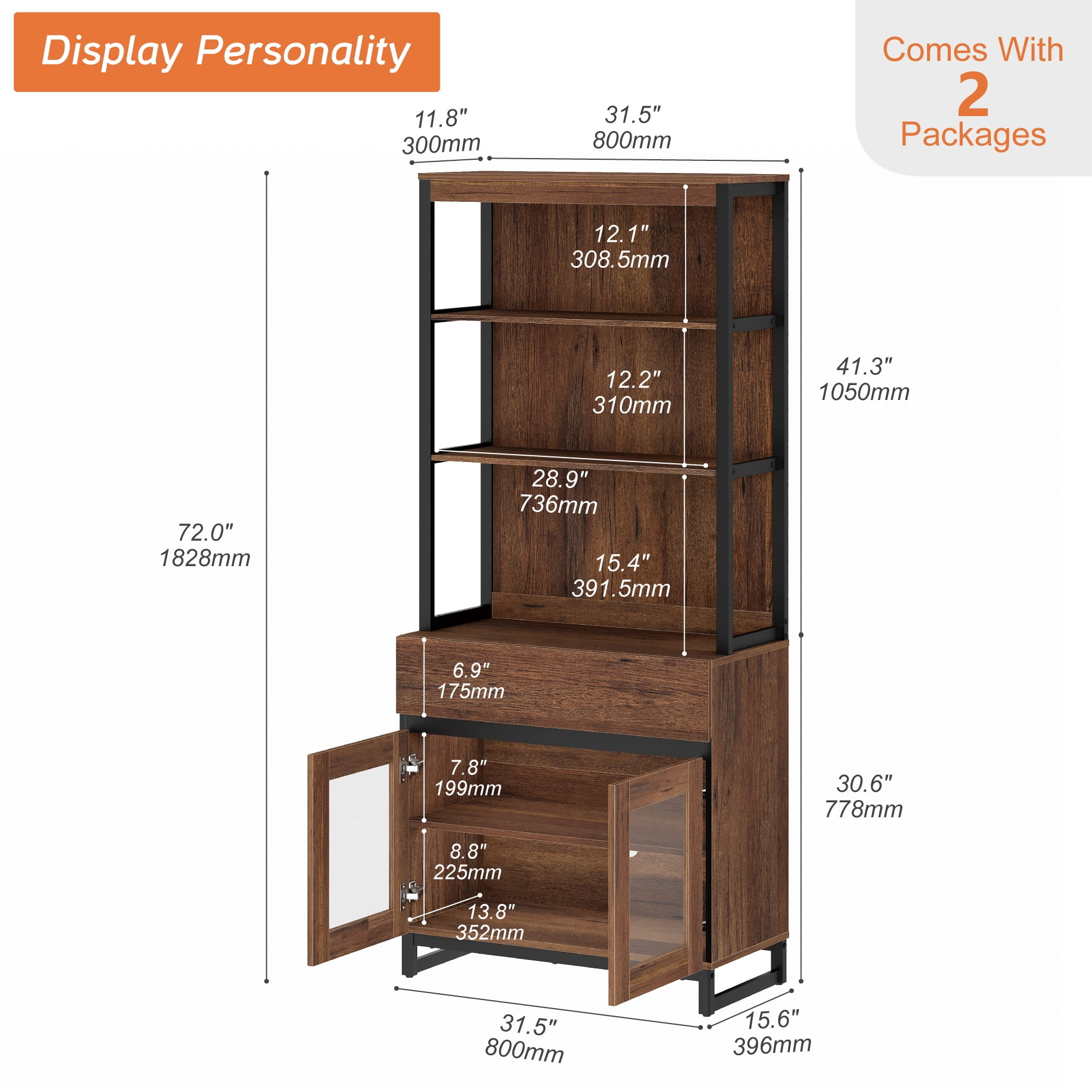WAMPAT Modern 72" Tall Freestanding Bookcase,1 Drawer & Open Shelves with Glass Door Storage Cabinet, Wood Library Bookshelf for Home Office & Living Room