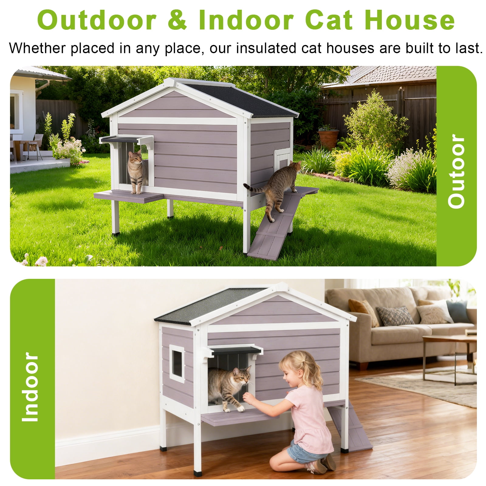 HomeSheek 32.6" Outdoor Cat House with Insulated Liner, Ramp & Side Door, Weatherproof Shelter, Easy Assembly & Cleaning for Indoor Outdoor Pets