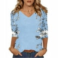 thumbnail image 3 of JTZGDY Floral Shirts for Women Dressy Casual V Neck Summer 3/4 Lenght Sleeve Crewneck Graphic T-Shirts Trendy Cozy Tunic Blouse Lightweight Pullover Tops Light Blue#03 XXL, 3 of 5