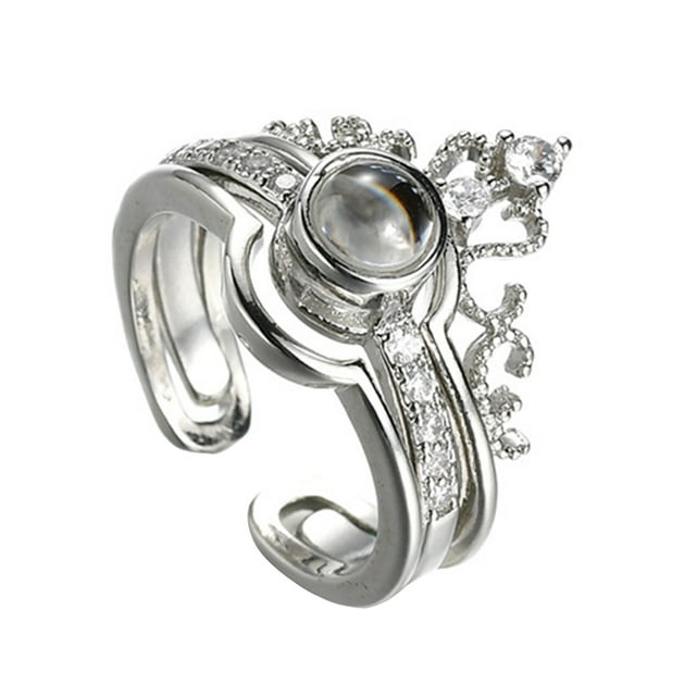 EeaseMX Anillo de proyección 2 en 1 con 100 idiomas de "Te amo", circonita en forma de corona, joyería de cobre, regalo para pareja (plata)