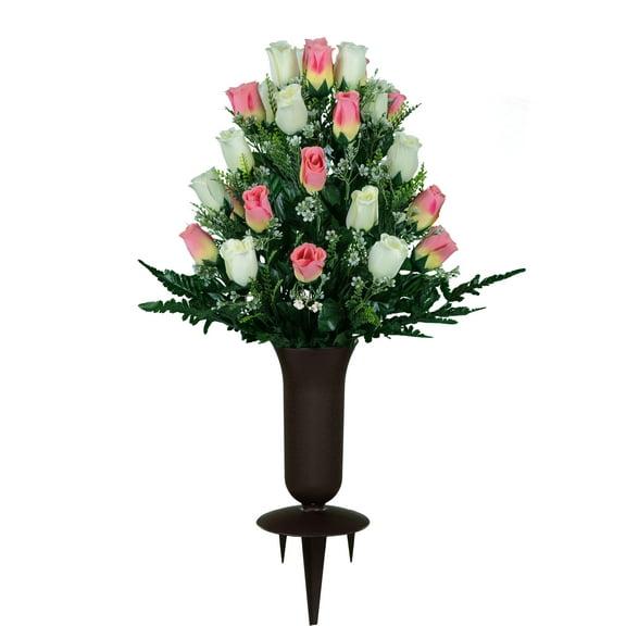 Sympathy Silks Artificial Cemetery Flowers Pink and Cream Rose Buds Bouquet with Vase