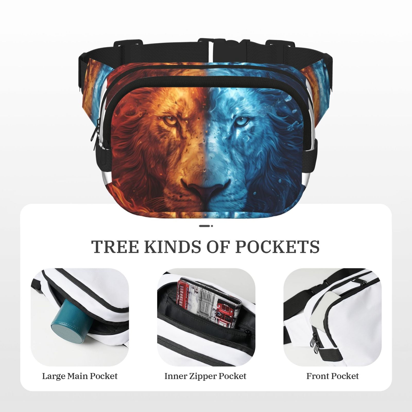 Kuqiui Red And Blue Fire Lion Print Fanny Packs for Women Cross Body Waist Bag Fashionable Fanny Pack Designer Workout Hiking Waist Pack Running Travel Gym