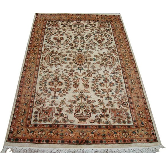 Tapis Classique Wow Abrask Ivoire à Médaillon Noué à la Main en Laine et Soie (6 x 4)'