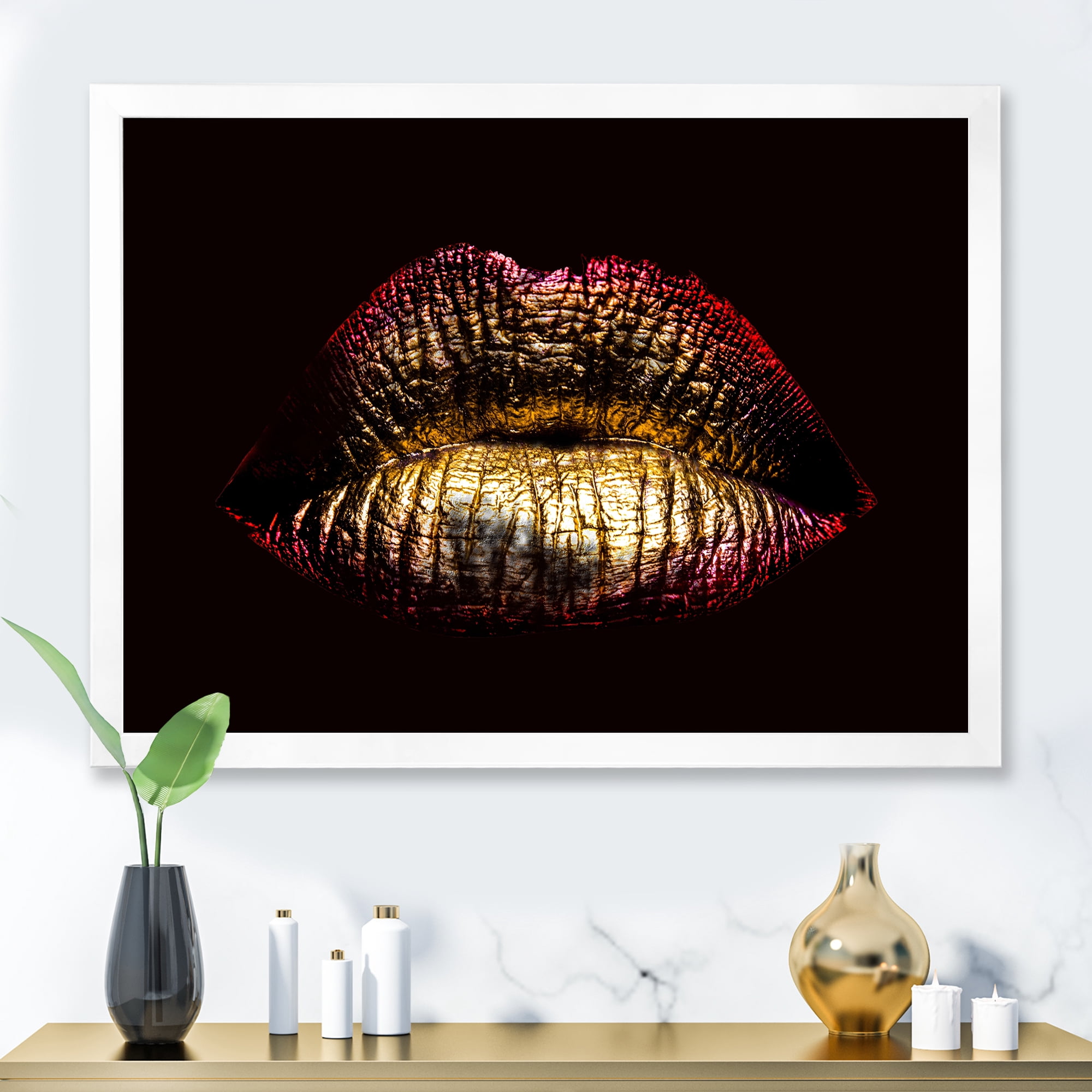 Designart 'Sexy Golden Metallized Woman Lips IV' Modern Framed Art Print