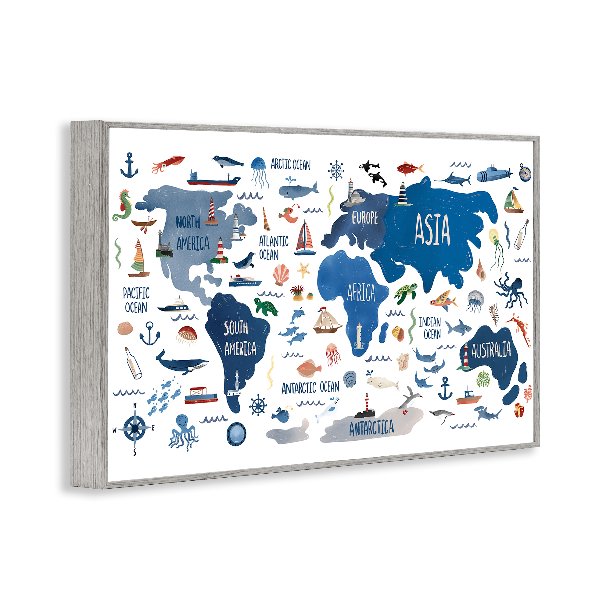 Stupell Industries Nautical Themed Map Travel & Places Painting Gray Framed Art Print Wall Art, 18 x 12