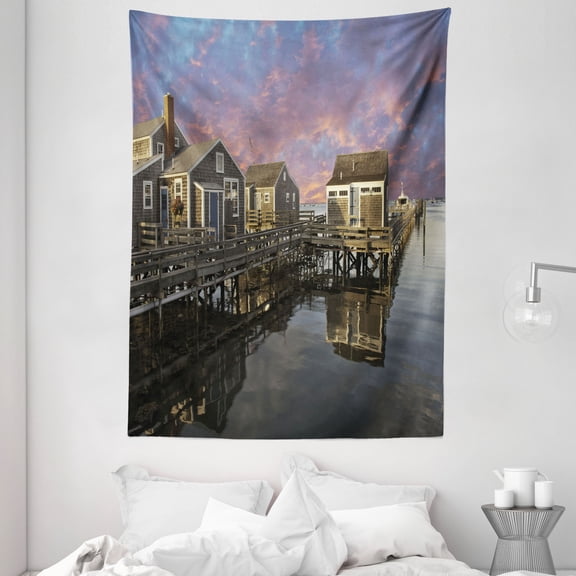 United States Tapestry, Sunset over Nantucket Massachusetts Dramatic Sky Clouds Pond Houses, Wall Hanging for Bedroom Living Room Dorm Decor, 60W X 80L Inches, Coral Blue Sepia, by Ambesonne