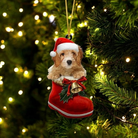 Acrylic 2D FLAT Cavapoo In Santa Boot Christmas Hanging Ornament