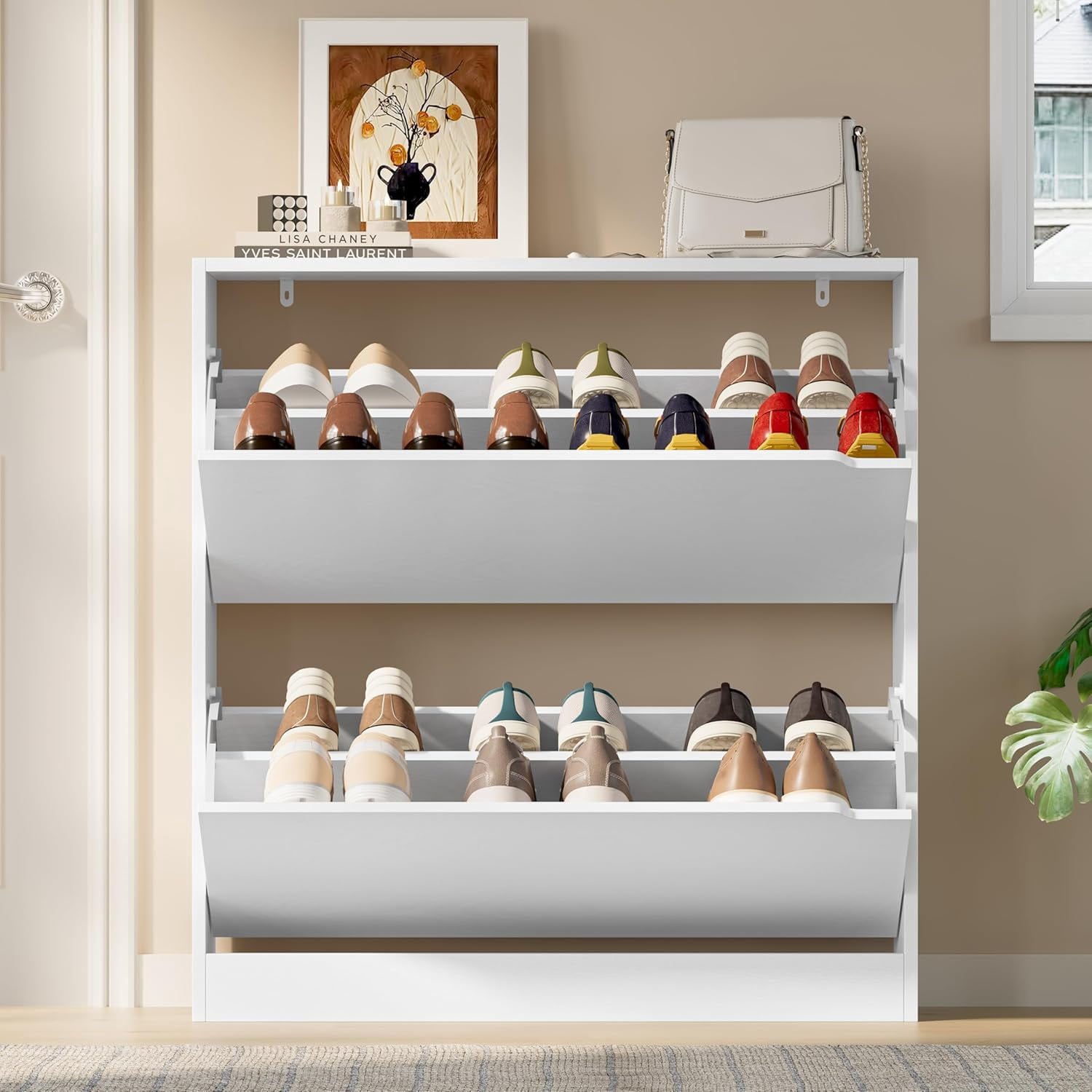 FANRAL Shoe Cabinet with 2 Flip Drawers Narrow Storage Cabinet Organizer for Entryway,White Shoe Rack