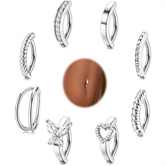 8Pcs Belly Button Ring Surgical Steel 14G Clicker Belly Rings for Women CZ Heart Butterfly Belly Button Piercing Simple Reverse Navel Barbell Rings Body Piercing Jewelry