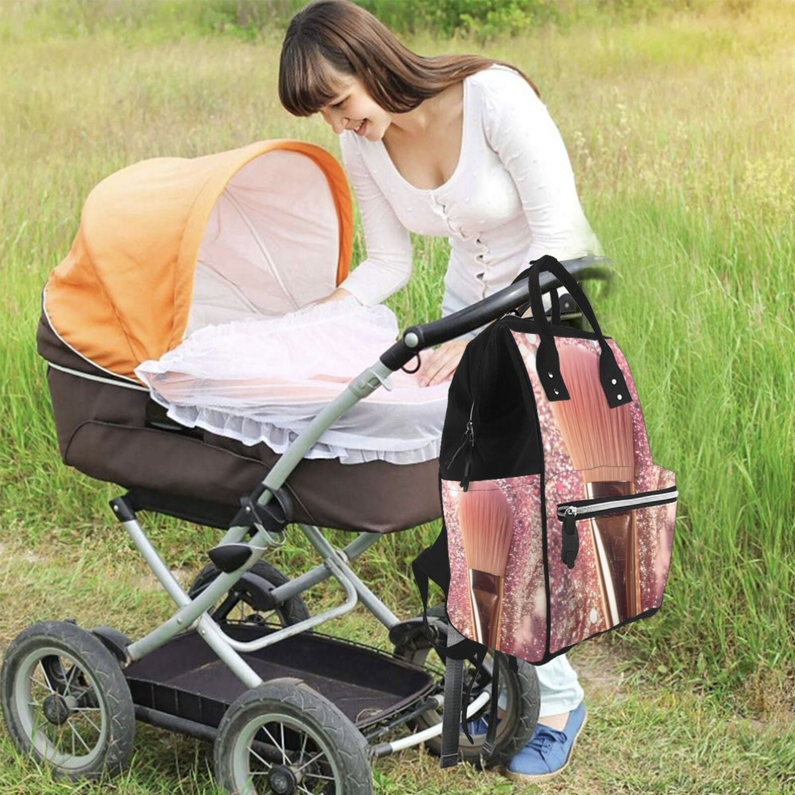 Fuzoiu Makeup Brush on Pink Glitter Print Diaper Bag Backpack,Baby Essentials Travel Tote,Multi function Waterproof Diaper Bag, Travel Essentials Baby Bag - Unisex