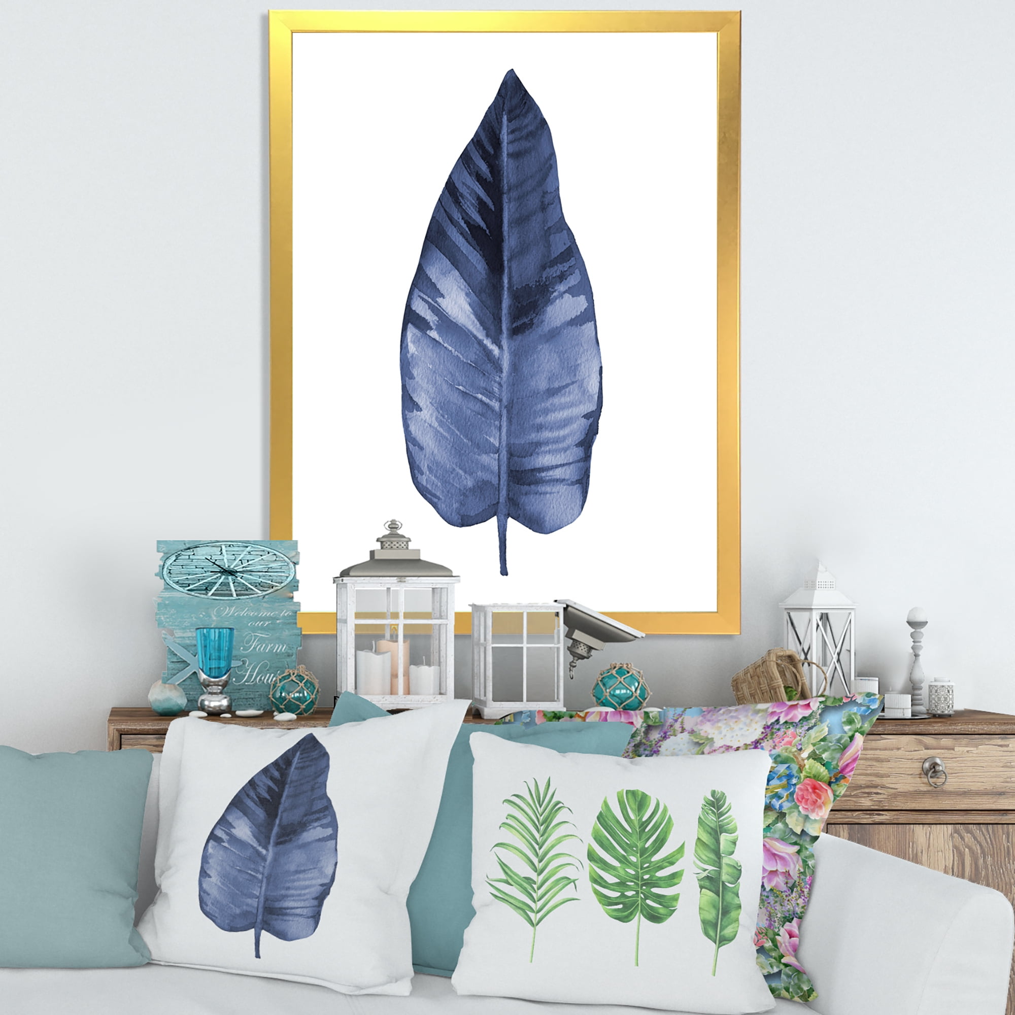 Designart 'Blue Leaf Watercolour On White Background' Traditional Framed Art Print