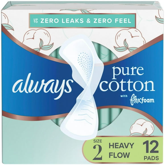 Always Pure Cotton Feminine Pads for Women, FlexFoam Pads with Wings, Size 2, Heavy Absorbency, Unscented, 12CT