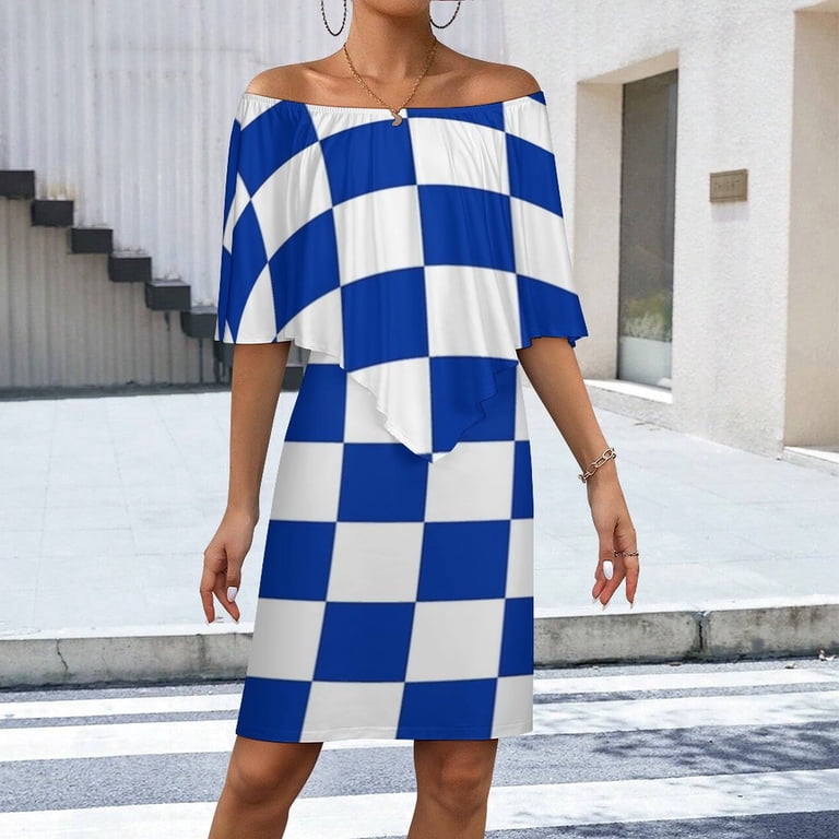 Kentucky Checkerboard Blue And White Women's Off The Shoulder Ruffles  Summer Wedding Guest Loose Casual Party Beach Dress - Walmart.com