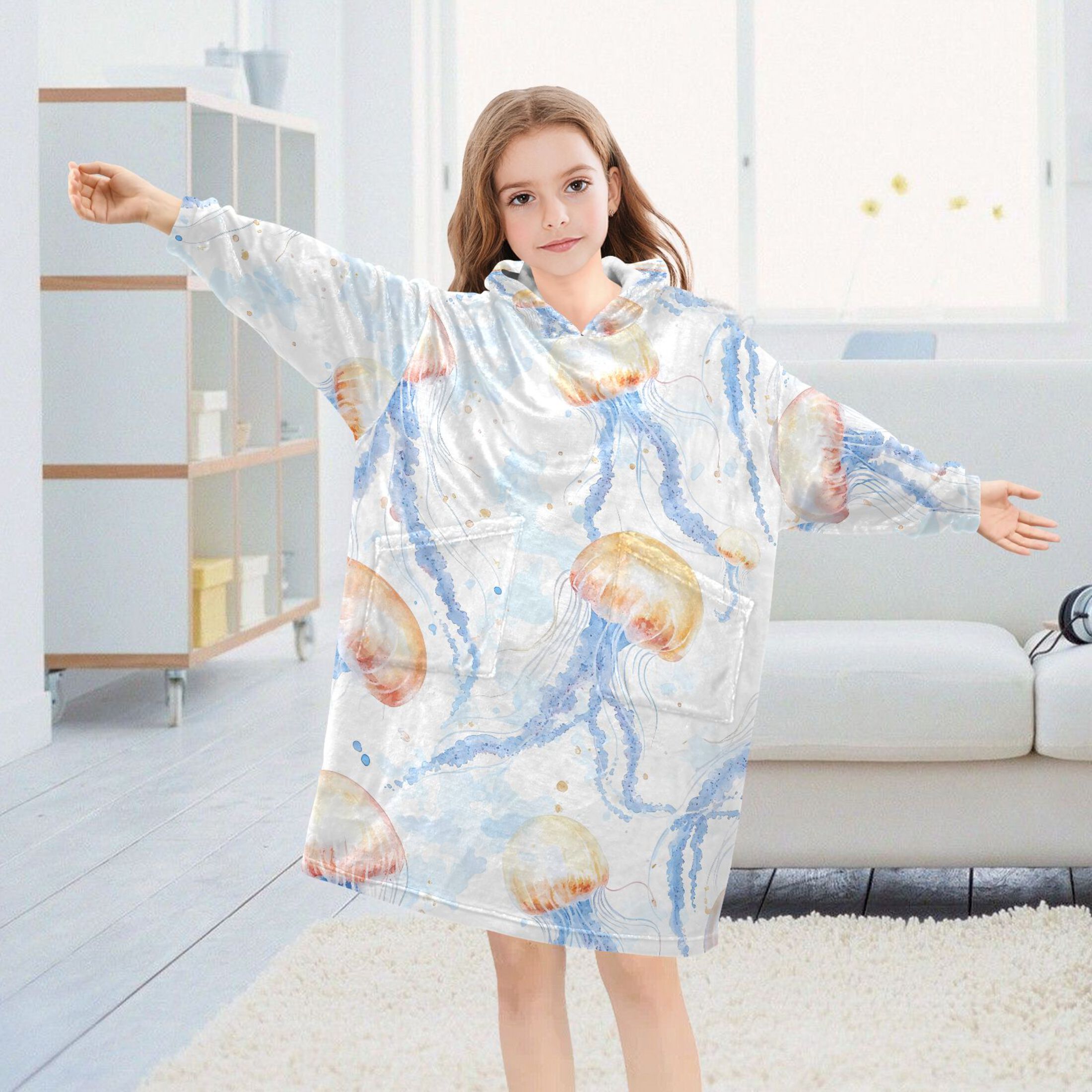joogoo Blanket Hoodie for Watercolor Jellyfish Pattern Oversize Sweatshirt 3-14 YR L