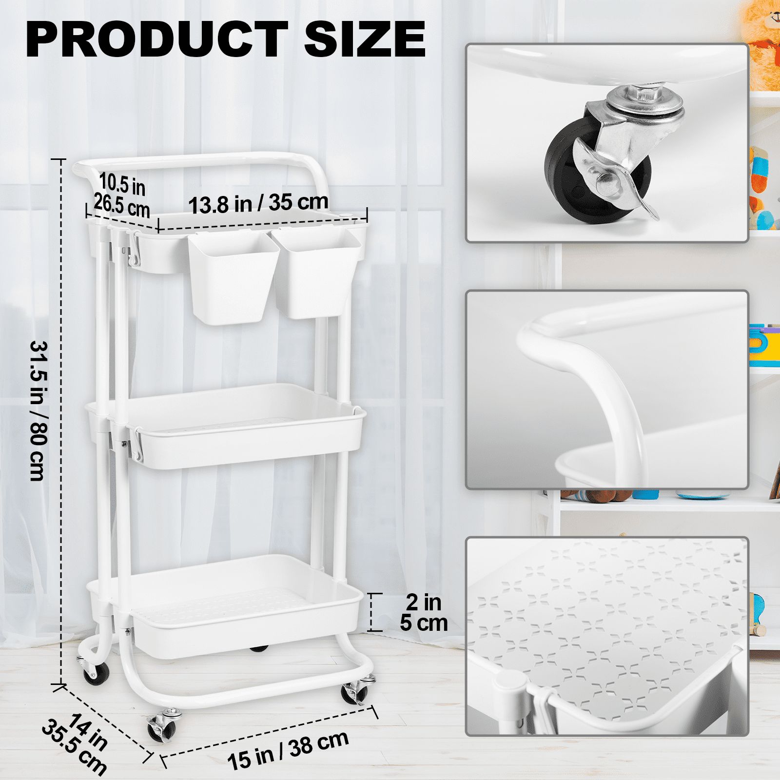 Baby Diaper Caddy Cart Metal Nursery Storage Organizer 3-Tier Rolling Cart Organizer for Diapers and Baby Wipes Newborn Essentials Storage Cart (White)