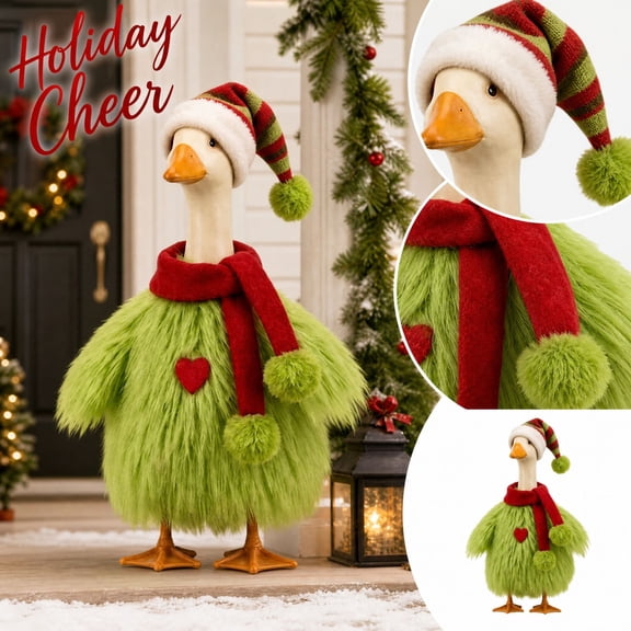 Outdoor Holiday Decorations, 23X9 Inch Faux Porch Goose Statue, Red and Green Striped Pom Christmas Hat Outfit Set, Cute Christmas Porch Decor, Fun Christmas Decorations for Home,