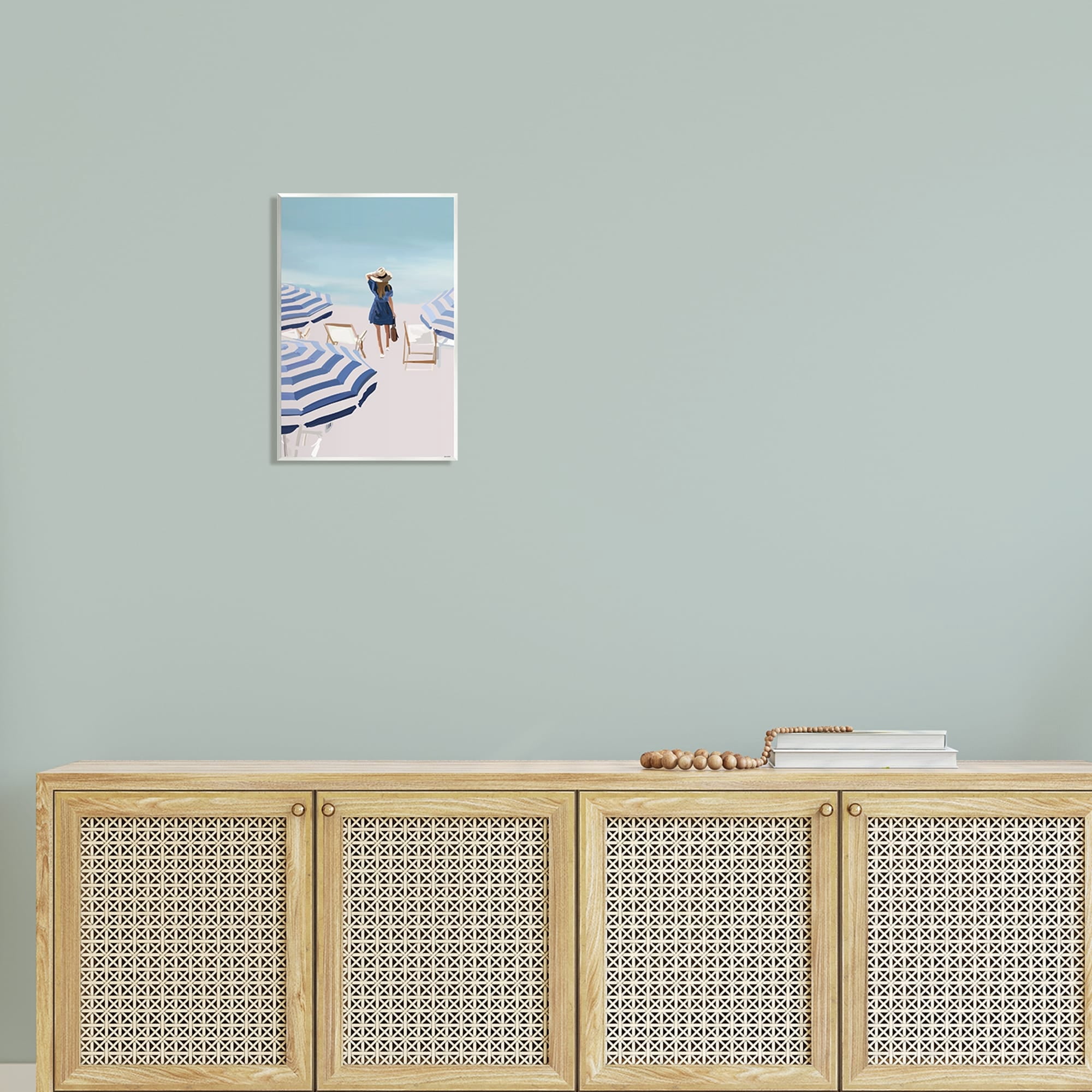 Stupell Industries Woman Enjoying Beach Shore Umbrellas Coastal Scene Graphic Art Unframed Art Print Wall Art, Design by Amelia Noyes