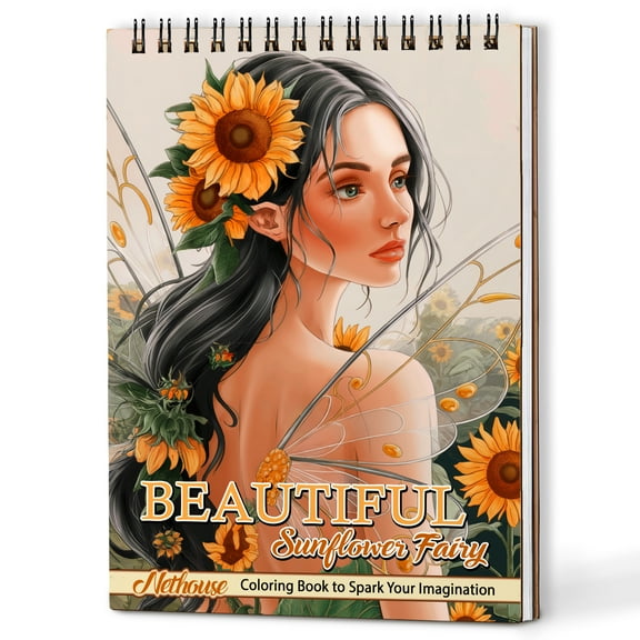 NETHOUSE Beautiful Sunflower Fairy Coloring Book Spiral Bound for Adults, A5 Wooden Cover, 30 Charming Coloring Pages in World of Floral Fantasy for Stress Relief and Relaxation