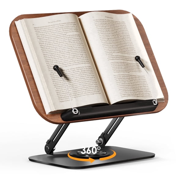 SupeDesk Adjustable Wooden Book Stand for Reading, 360° Rotating Cookbook Holder with Page Clips, Foldable Display Stand for Recipes, Magazines, Tablets & Laptops, Retro-Style Book Holder