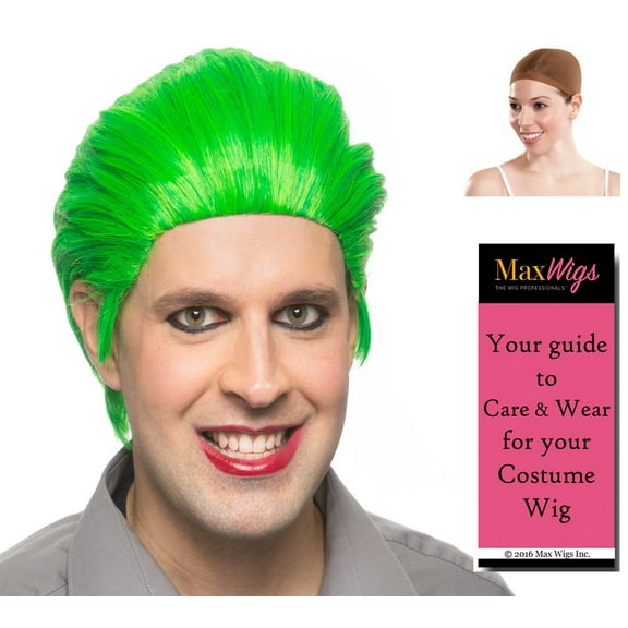 Joker Squad Color Kelly Green - Enigma Wigs Mens Homicidal Suicidal Comic Villain Bundle w/ Wig Cap, MaxWigs Costume Wig Care Guide