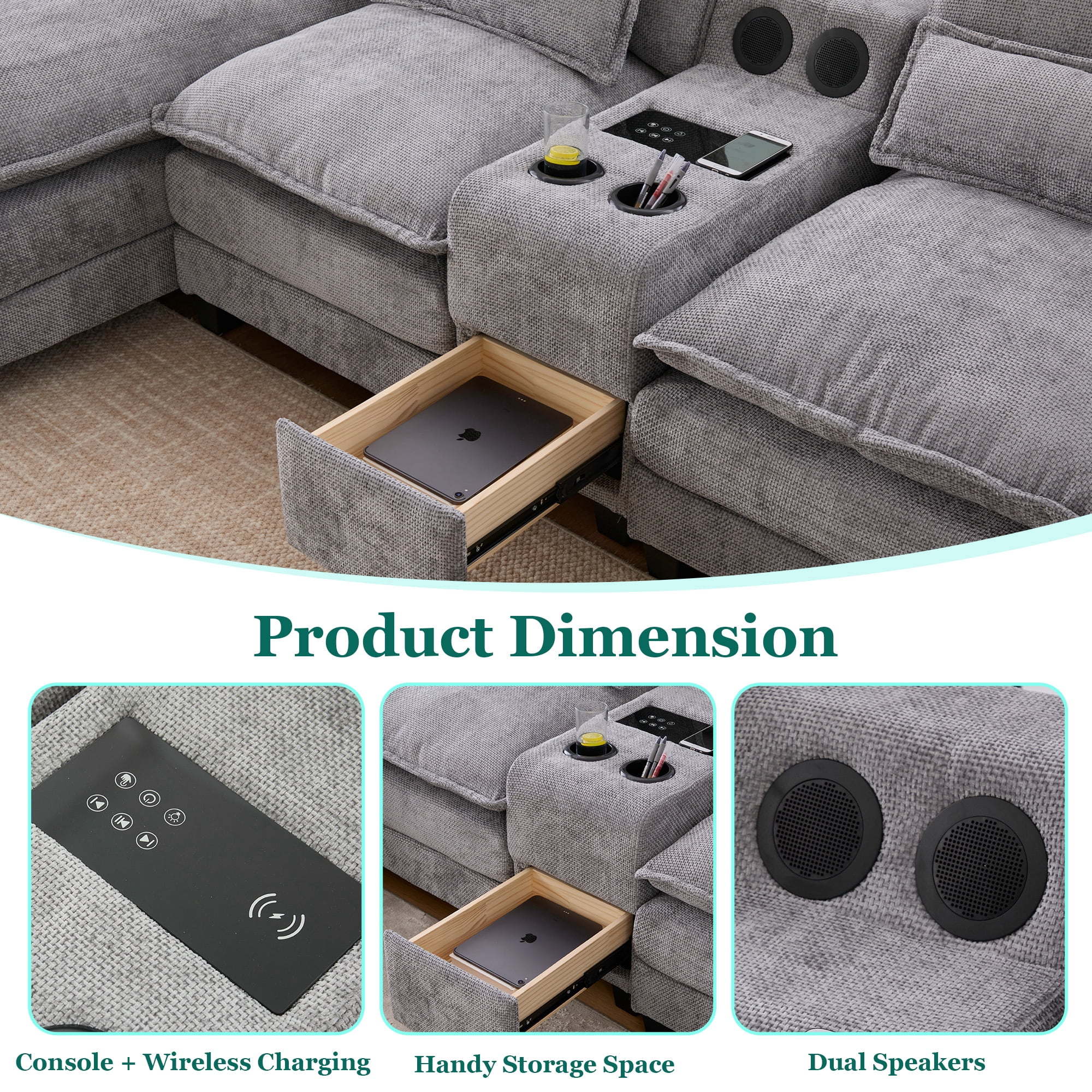 Villeston 126.77" U-Shaped Cloud Sofa With Chaise Lounge, Chenille Sofa With Wireless Charging, Bluetooth Speaker, Two Cup Holders, Storage Drawer, Suitable For Living Room,Gray