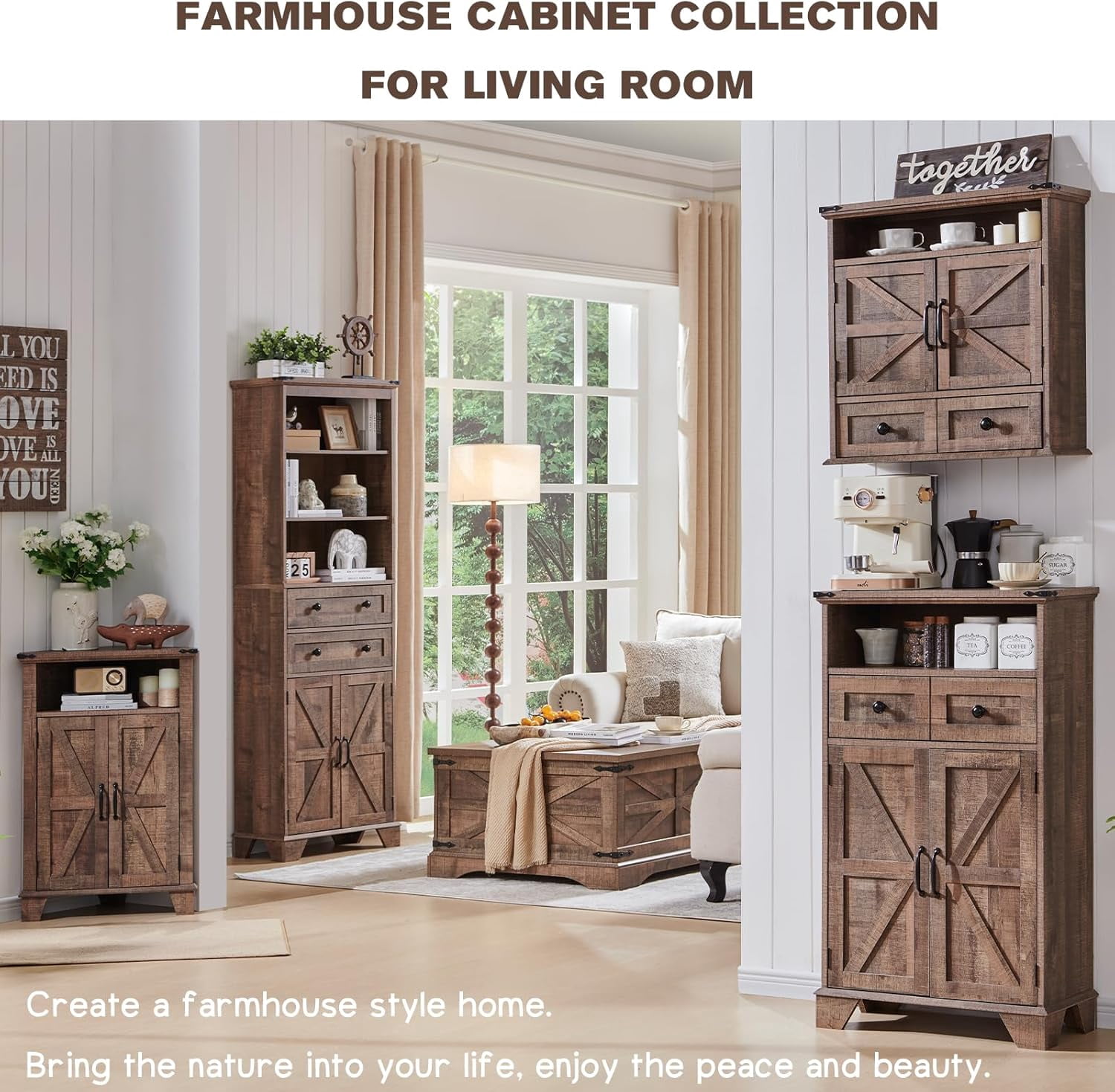 ZYPPP Bathroom Wall Cabinet, Farmhouse 24" Wide Medicine Cabinet with Drawer, Adjustable Shelf, Double Barn Doors, Storage Cabinets for Bathroom, Kitchen, Living Room, Rustic Brown