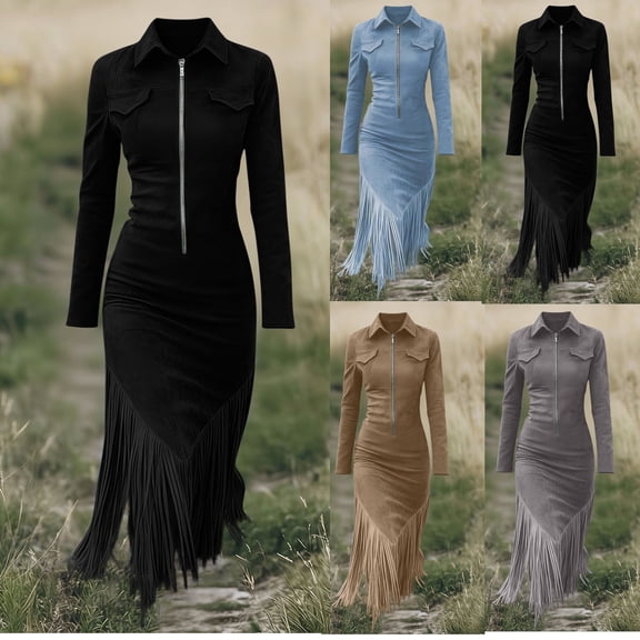 Iyufng Women's Summer Dresses Solid Color Long Sleeve Lapel Turndown Collar Tassel Zipper Casual Wear