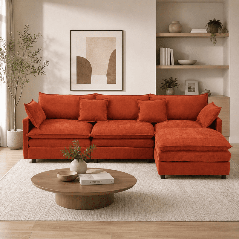 105" Modular Sectional Couch, 3-Seater Soft Chenille L-Shaped Sofa with Ottoman, Upholstery Sofa Couch with Pocket Coil & High-Density Foam for Living Room