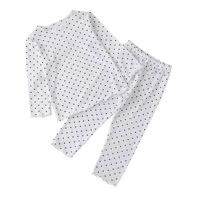 Odeerbi 2-12 Años Niños Niñas Seda Hielo Pijamas Lechuga Recorte Manga Larga Tops Pantalones Dos Piezas Conjunto Pijama Casa Polka
