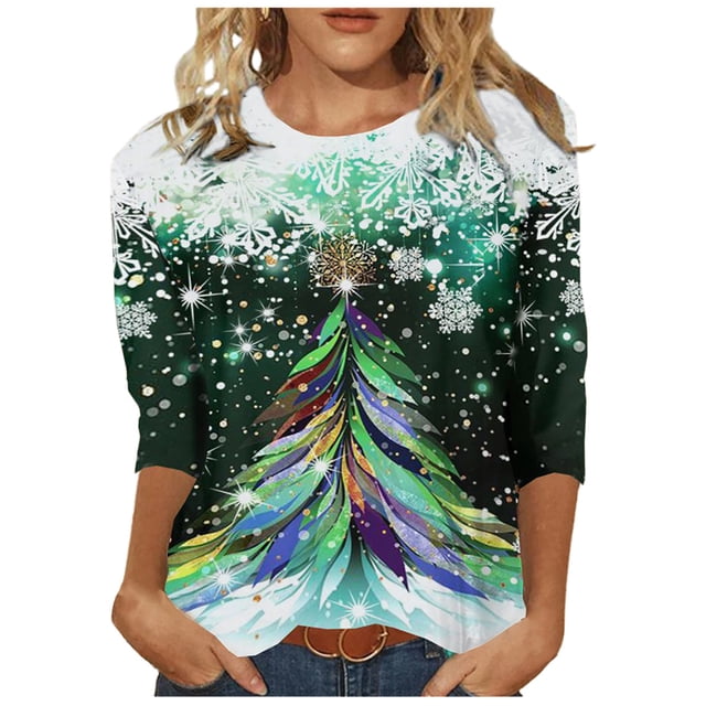IROINID Chemises de Noël en Solde pour Femmes Blouse à Manches Longues Col Rond Imprimé, Blanc