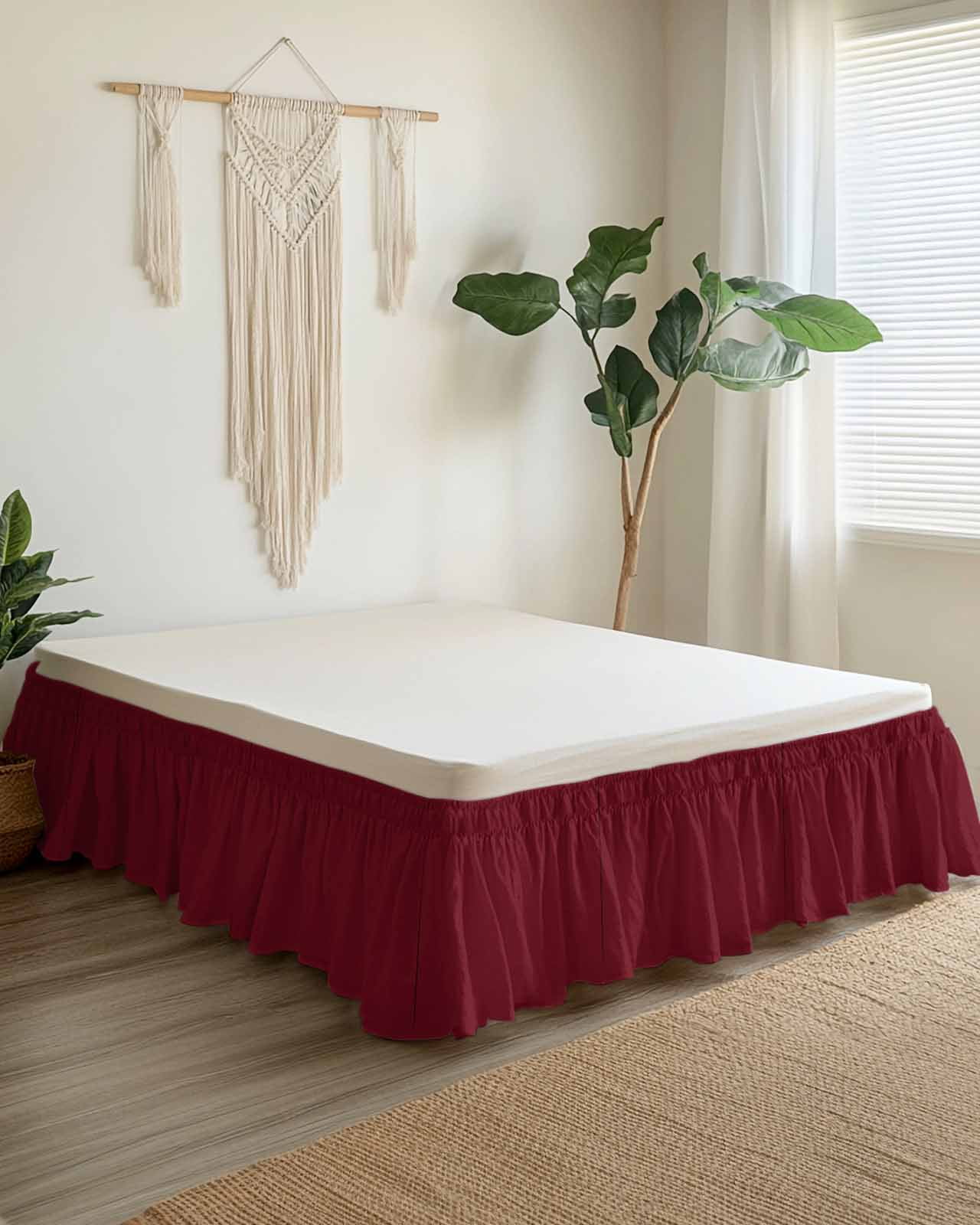 Solid Color Bed Skirt King Size 16" Drop Wine Red Ruffled Wrap Around Bed Skirts Adjustable Elastic Bedskirt Dust Ruffle for King Size Bed