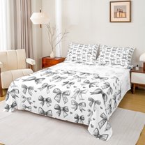 Manfei Kawaii Bowknot Kids Queen Sheet Sets, Cartoon Grey Dots Ribbon Flat Sheet, Princess Theme Queen Fitted Sheet, Breathable Home Decor, 4pcs